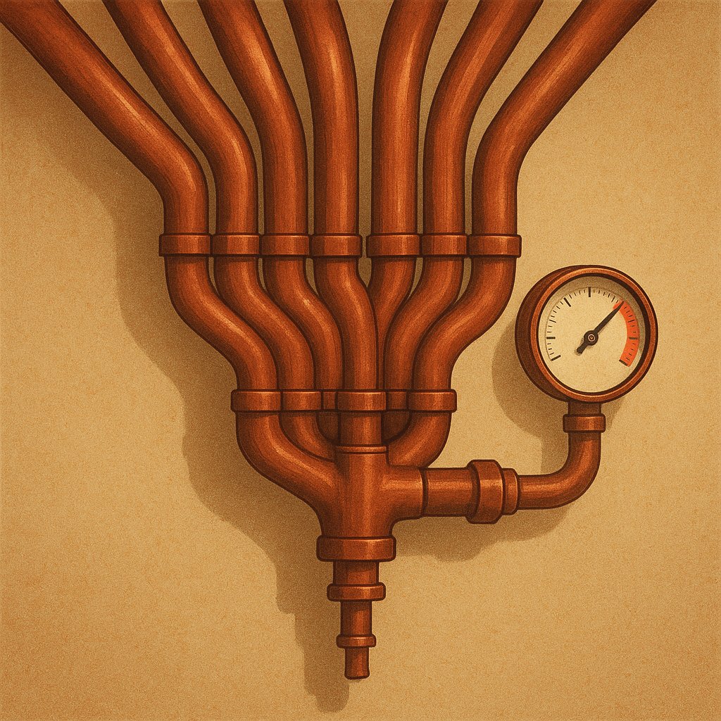 Eight wide pipes converging into one narrow valve, pressure gauge in the red