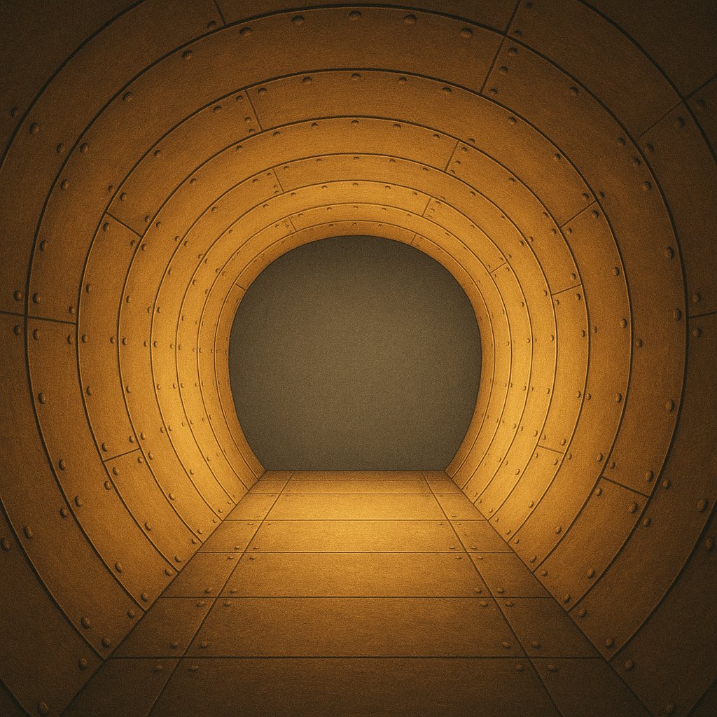 A polished brass tunnel ending at a blank sealed steel wall