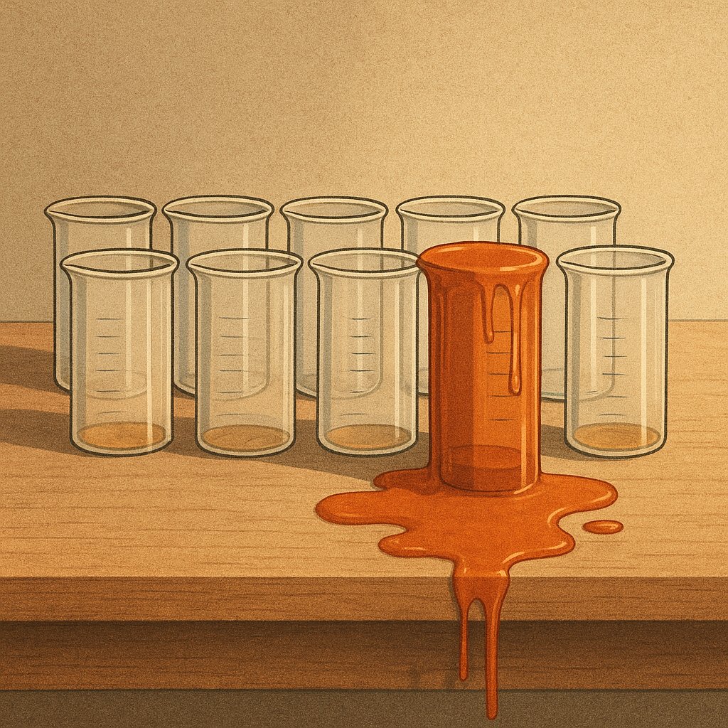 Ten identical glass jars, nine nearly empty and one overflowing across the bench