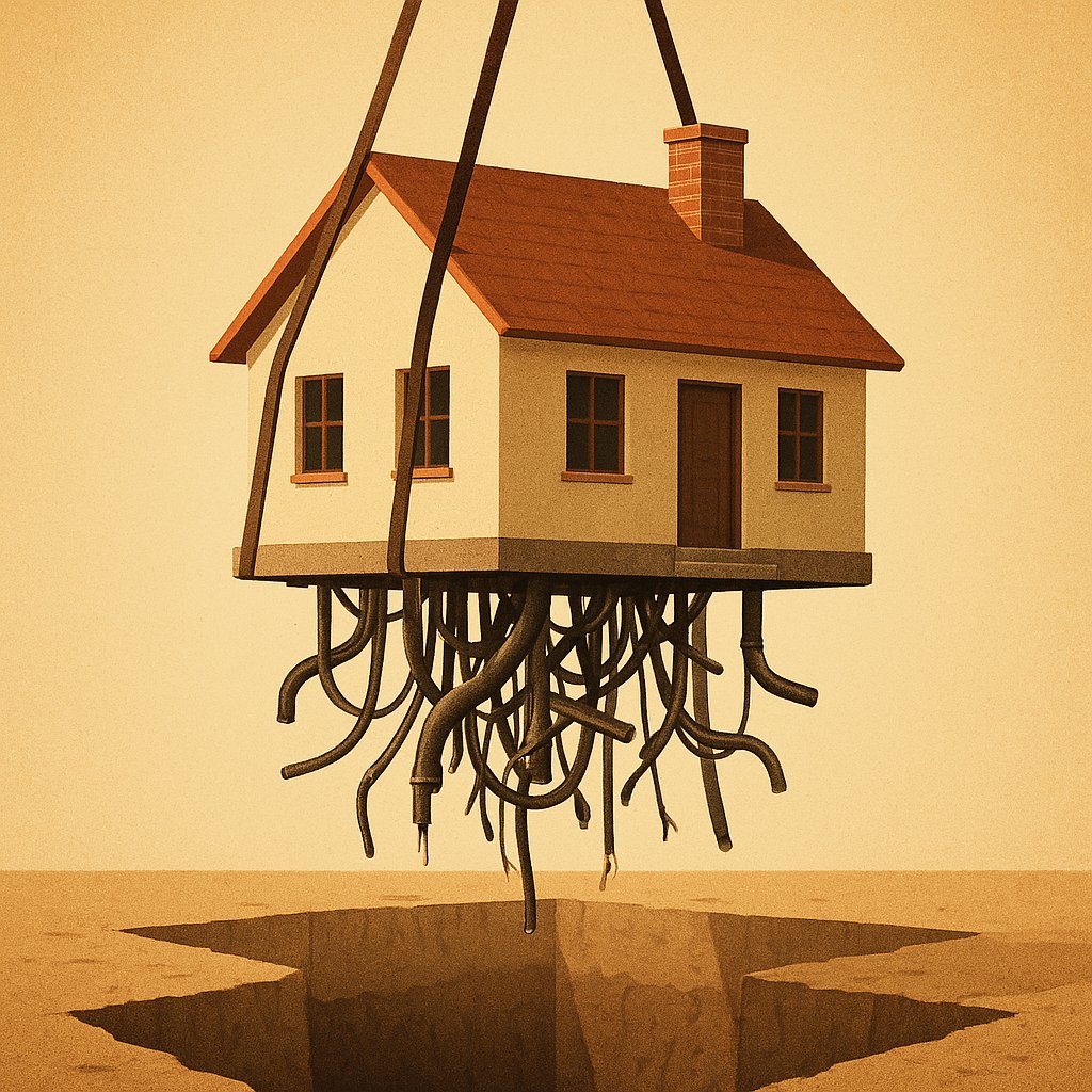 A house lifted off its foundation, a tangle of severed pipes hanging beneath it