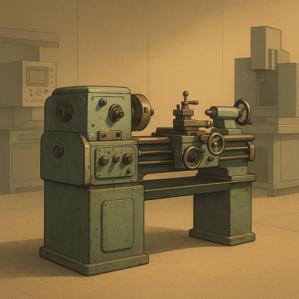 A well-kept vintage lathe still in use beside newer machines in a modern workshop